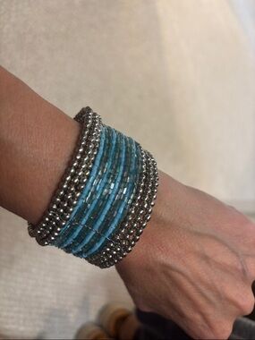 Beaded silver and blue cuff